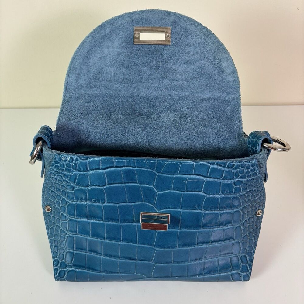 Claudia Firenze Teal Leather Croc-Embossed Handbag Rope Handle Chic Purse Italy - Picture 7 of 16